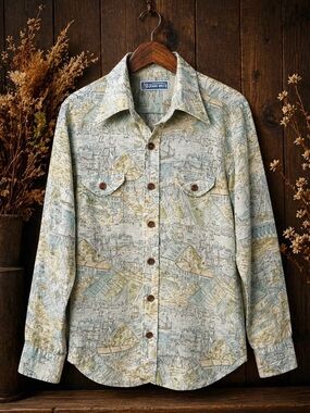 Vintage Nautical Linen Button Shirt Sailboat Coastal Print Medium Long Sleeves